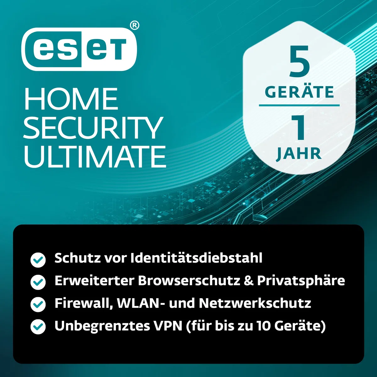 ESET HOME Security Ultimate 2026 5 Geräte 1 Jahr Firewall Datenverschlüsselung Ransomware-Behebung VPN Windows macOS Android iOS