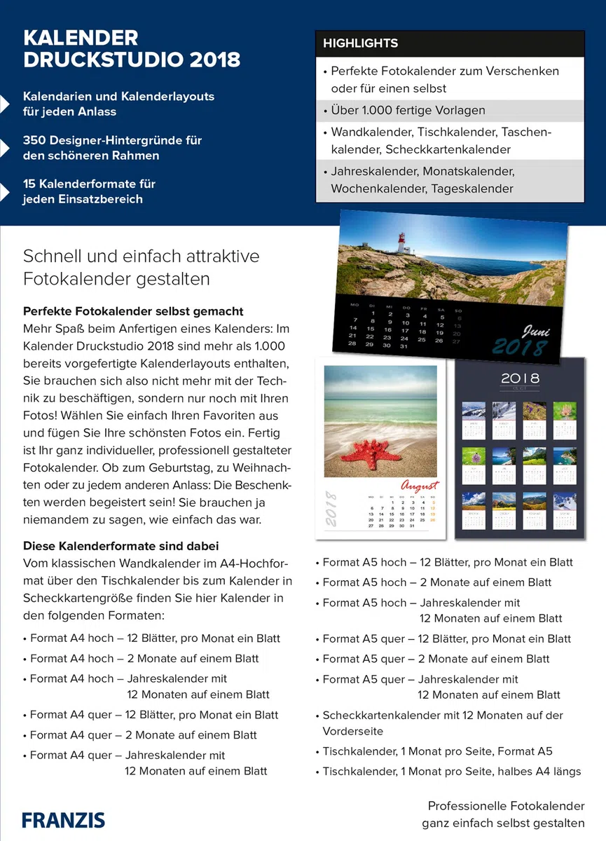 FRANZIS Kalender Druckstudio 2018 Software