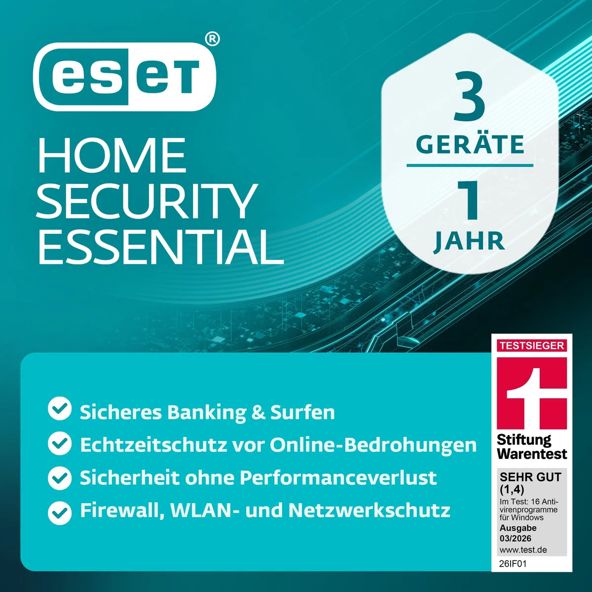 ESET HOME Security Essential 2026 3 Geräte 1 Jahr Firewall Sicheres Banking Surfen Mikrofonkontrolle Webcam-Schutz Windows macOS Android