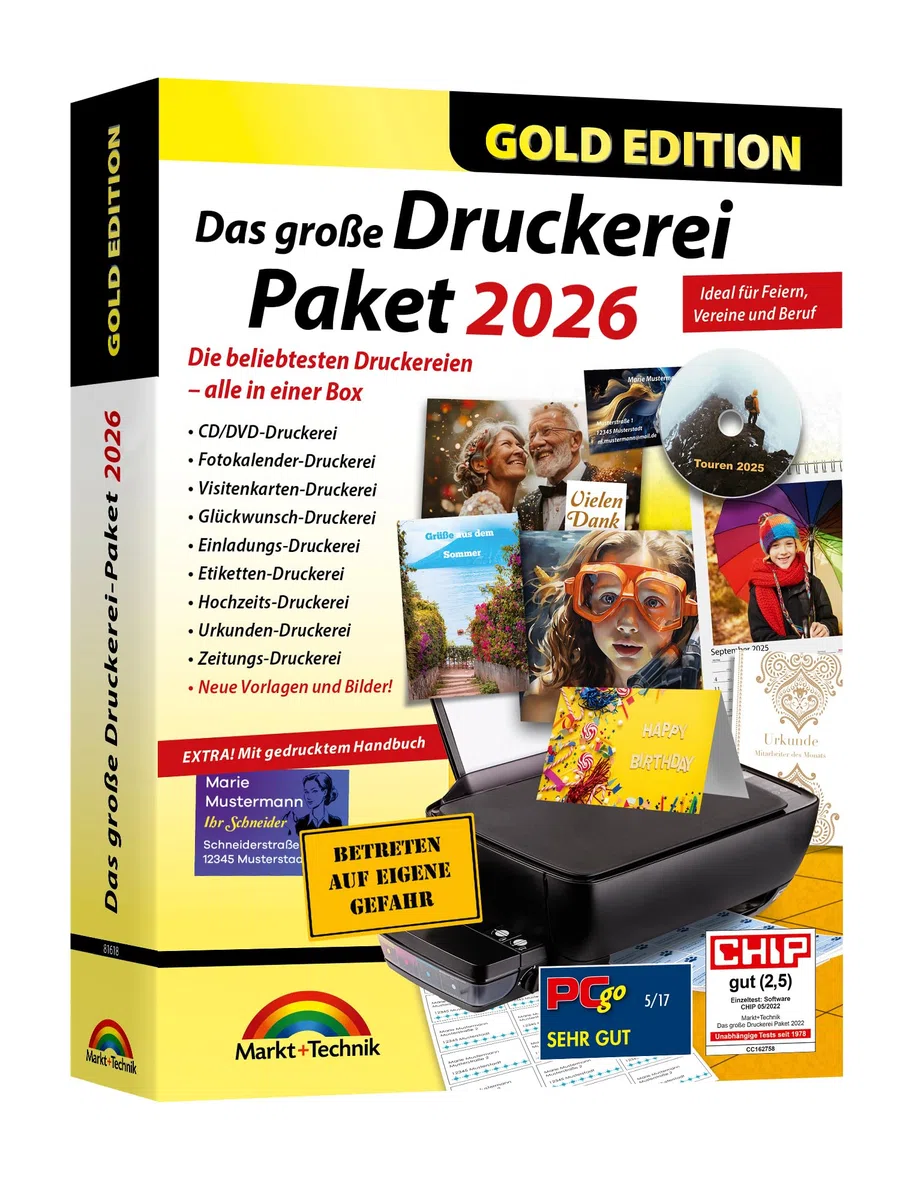 Das große Druckerei Paket 2026 - Einladungen, Glückwunsch Karten, Etiketten, CD-DVD Labels, Visitenkarten für Windows 11, 10, 8.1, 7