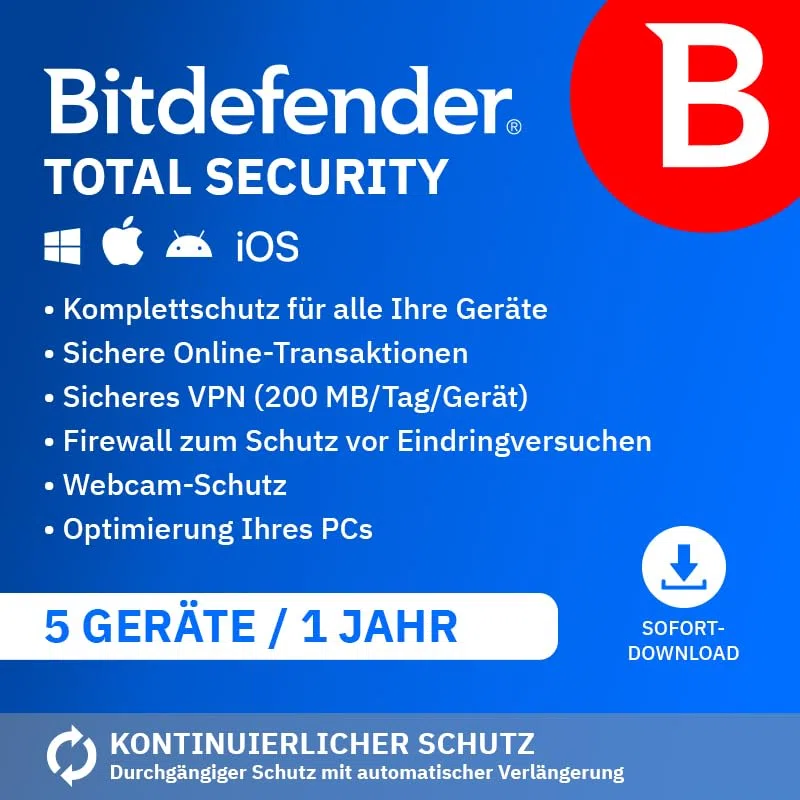 Bitdefender Total Security 2026 5 Geräte 1 Jahr PC/Mac/iOS/Android Aktivierungscode
