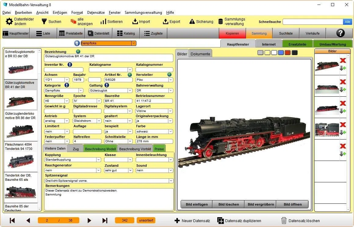 GS Modellbahn-Verwaltung 8 - Software zur Verwaltung von Modellbahnsammlungen - Datenbank Programm für Modellbahnen