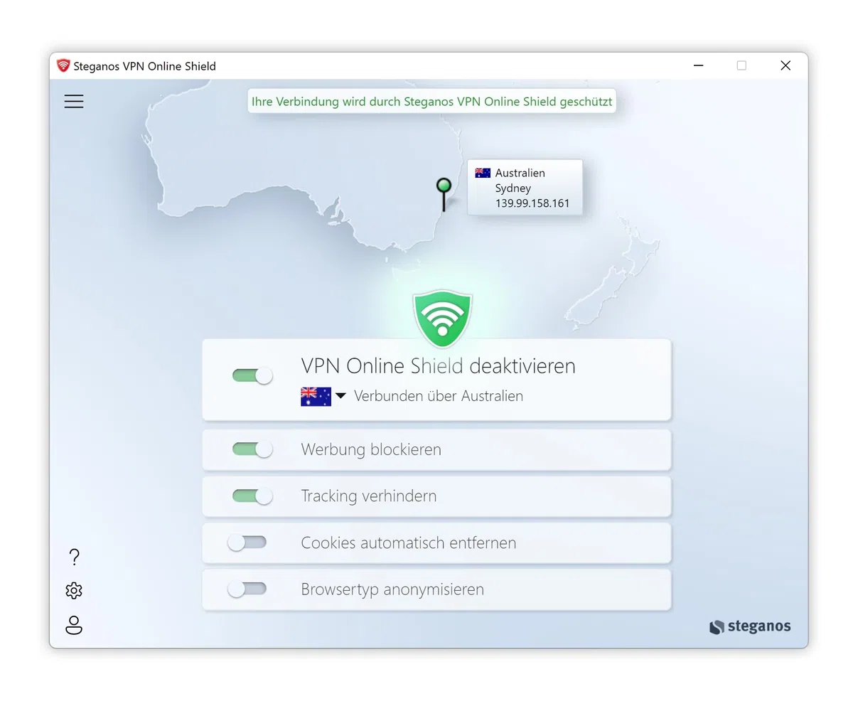 Steganos VPN Online Shield 2026 - VPN-Lösung ohne Tempo- und Datenlimit für Windows, macOS, iOS, Android - 5 Geräte / 1 Jahr - DEUTSCH