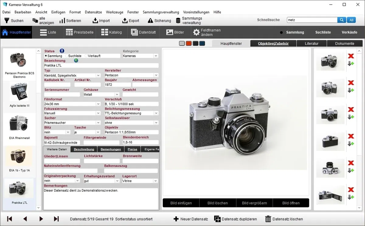 GS Kamera-Verwaltung 6 - Software zur Verwaltung Ihrer Kamera-Sammlung - Datenbank Programm für Kameras, Objektive und Zubehör