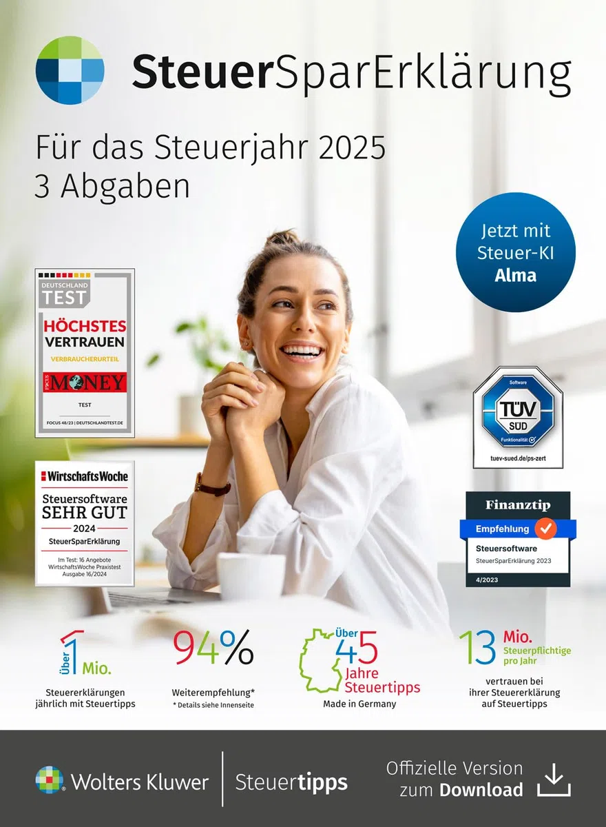 SteuerSparErklärung 2026 I Einfache Steuererklärung für das Steuerjahr 2025 mit ELSTER & Datenimport | Inkl. 3 Abgaben & digitaler Steuer-KI Alma | Für Windows & Mac I Aktivierungscode per Email