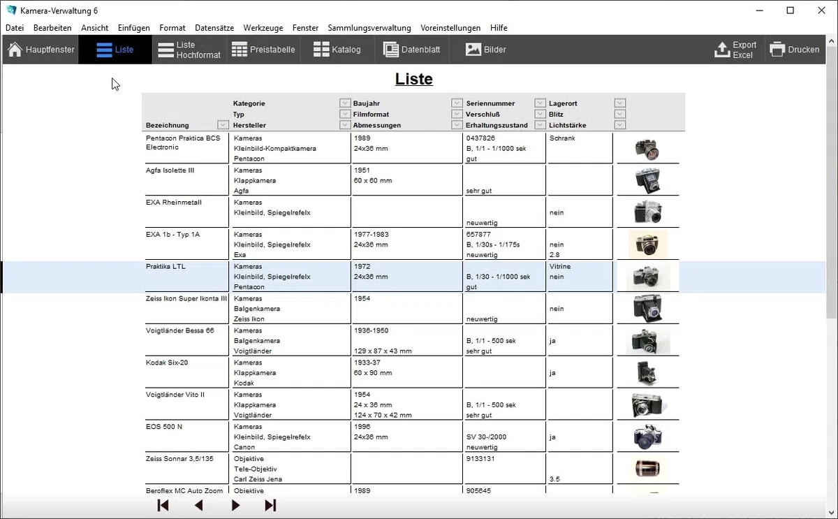 GS Kamera-Verwaltung 6 - Software zur Verwaltung Ihrer Kamera-Sammlung - Datenbank Programm für Kameras, Objektive und Zubehör