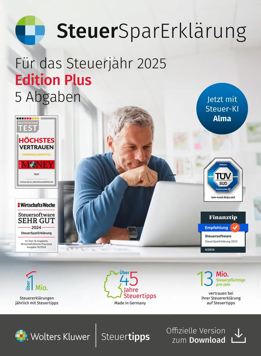 SteuerSparErklärung Plus 2026 I Steuererklärung 2025 mit ELSTER & Datenimport I Inkl. 5 Abgaben & digitaler Steuer-KI Alma I Für Windows & Mac