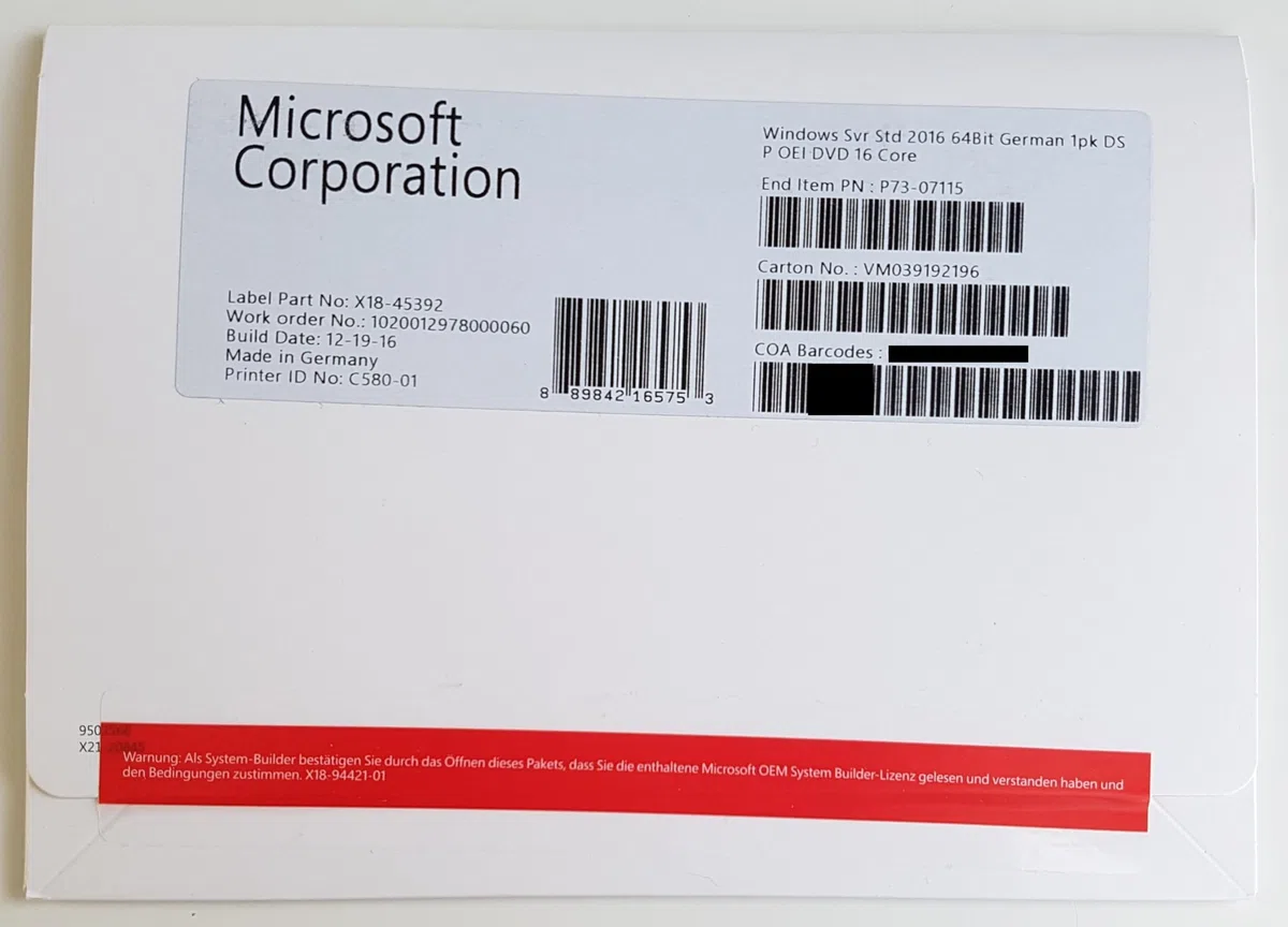 Microsoft Windows Server 2016 Standard Lizenz 16 Kerne OEM DVD 64-bit Deutsch