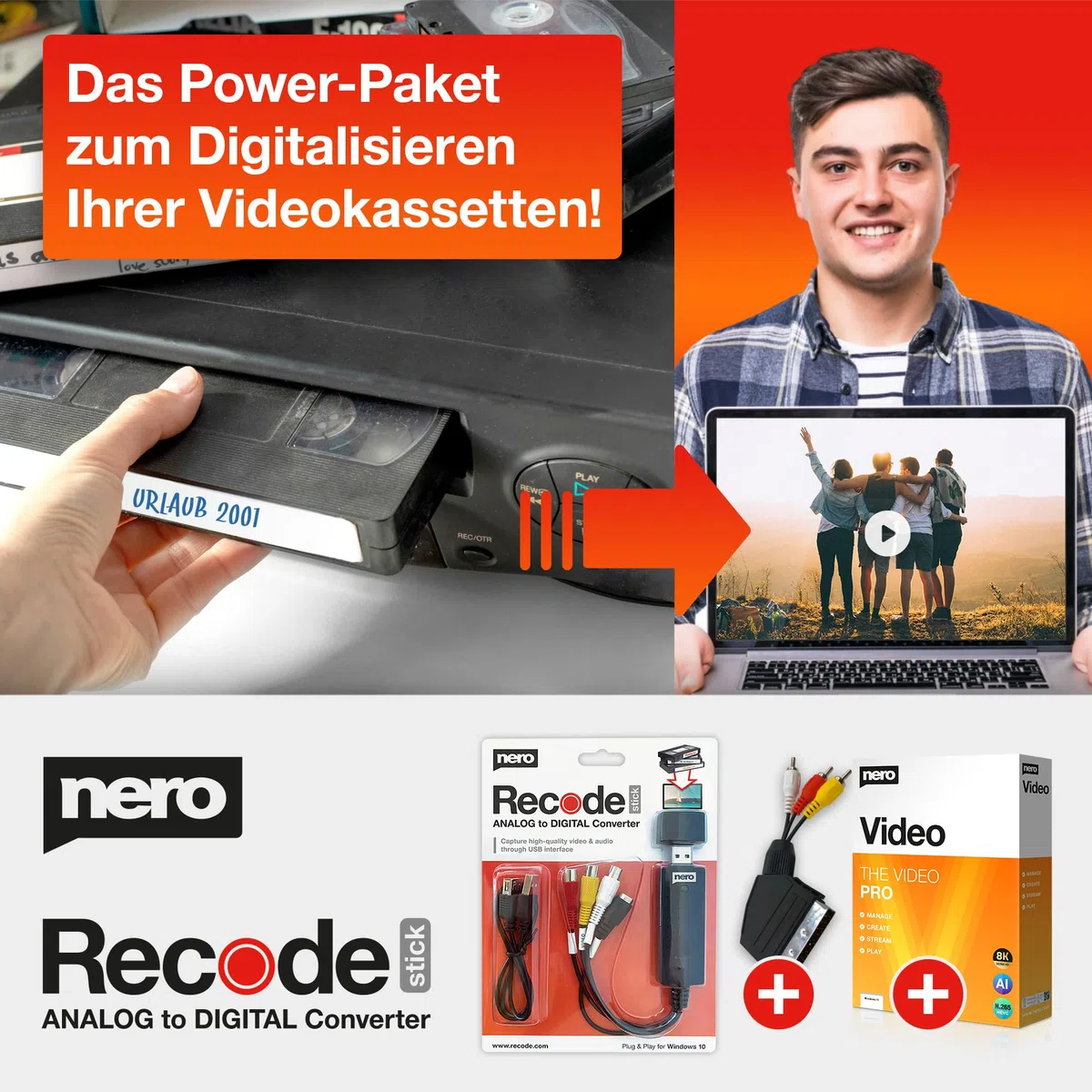 Nero VHS zu USB Video Grabber Recode Stick inkl. Videobearbeitungssoftware Windows 11 / 10